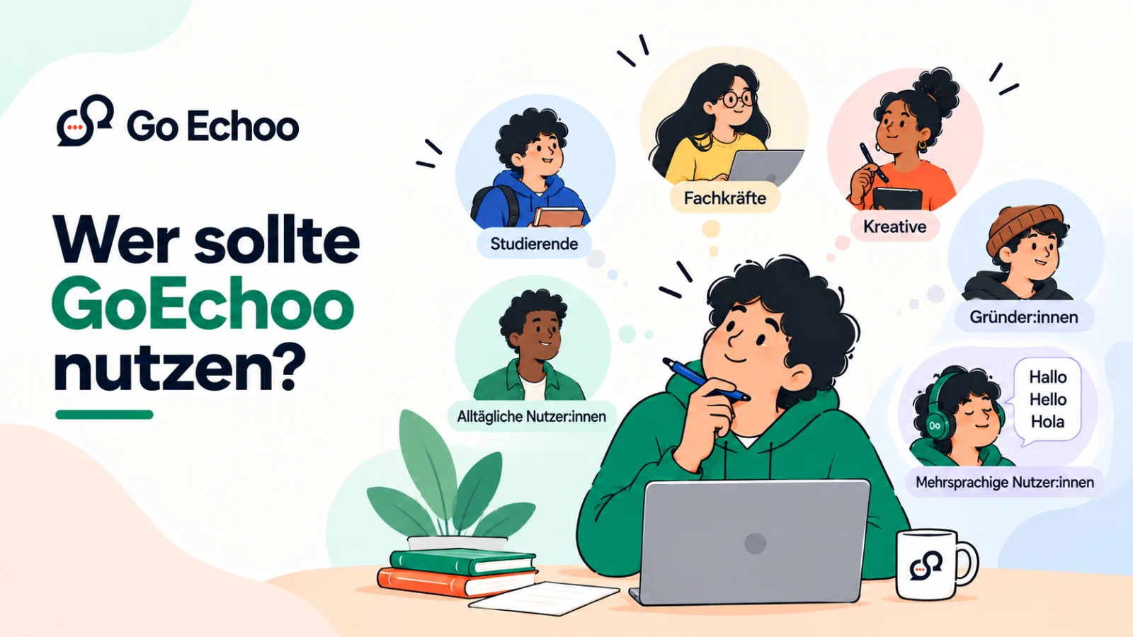 GoEchoo blog illustration showing a diverse group of people using voice-first communication for different needs.